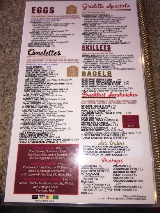 Menu at Crystal Diner restaurant, Edgewater Park