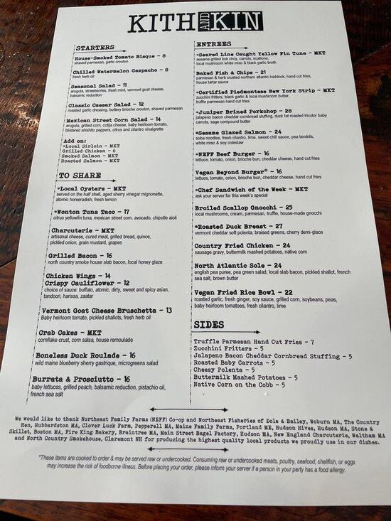 Menu at Kith and Kin pub & bar, Hudson