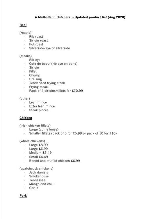 Menu at A Mulholland Butchers, Lisburn