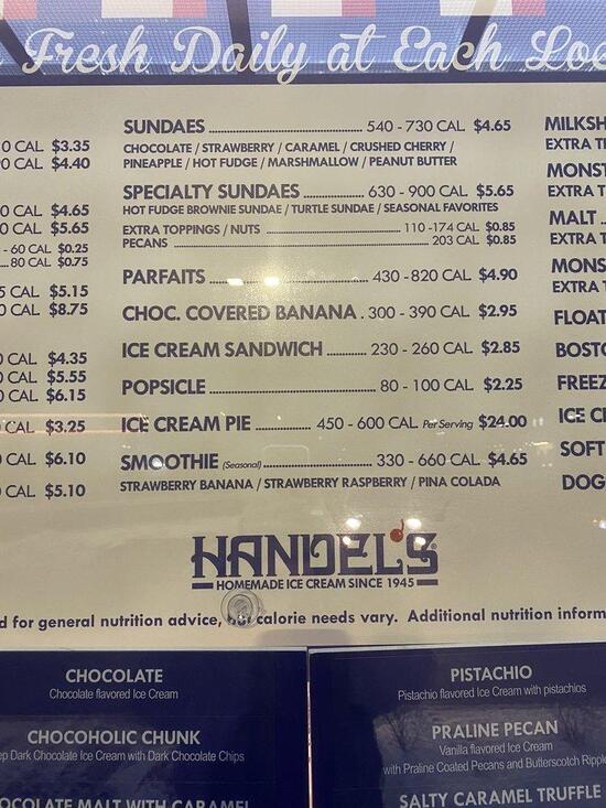Menu at Handel's Homemade Ice Cream, Noblesville