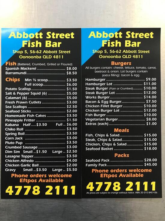Menu at Abbott Street Fish Bar, Oonoonba