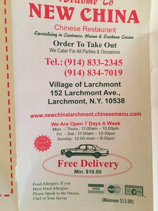Menu at New China restaurant, Larchmont