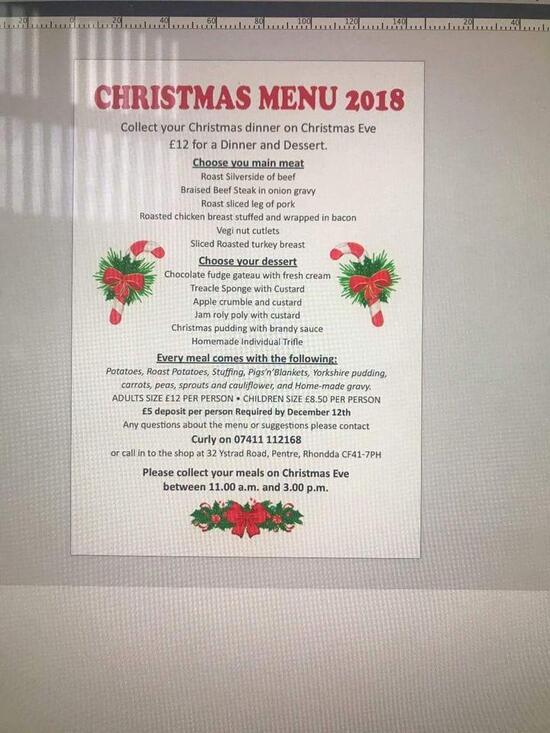 Menu at Curlys dinners cafe, Pentre