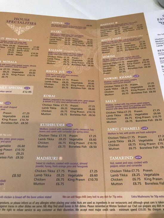 Menu at Winton Tandoori restaurant, Bournemouth