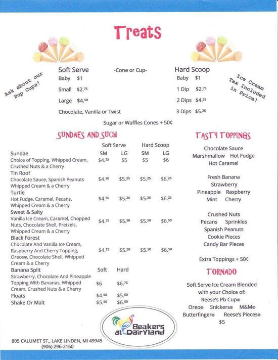 Carta del restaurante Beakers At Dairyland, Lake Linden