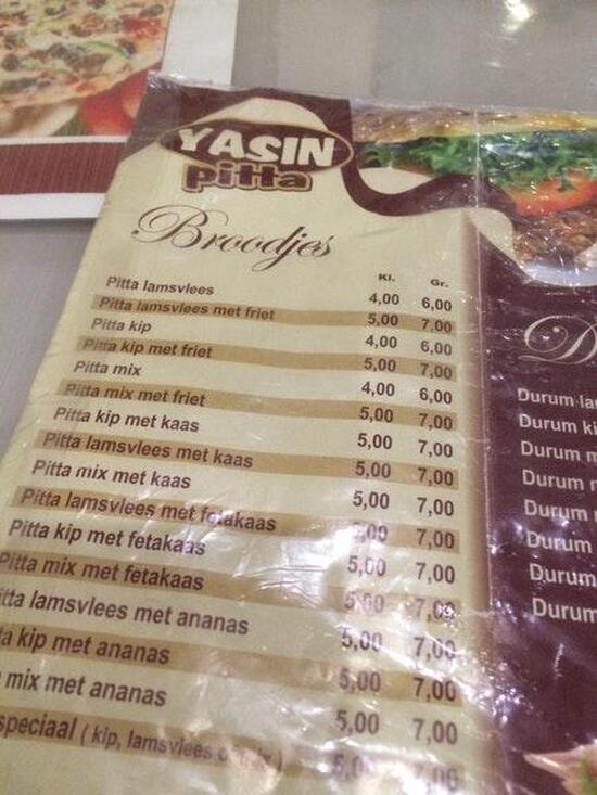 Menu at Pitta Yasin, Bruges