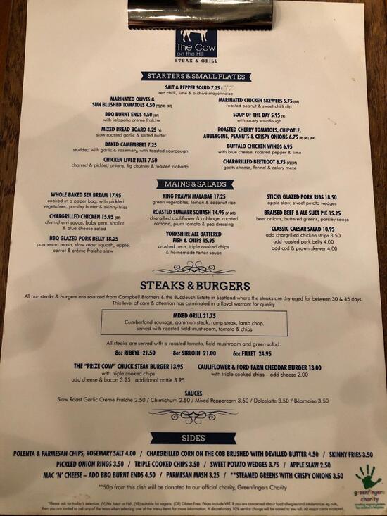 Menu at The Cow on the Hill restaurant, Brighouse