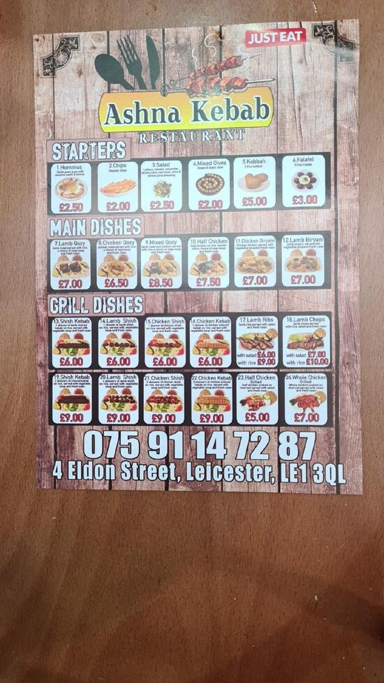 Menu at Ashna Kabab kurdish restaurant, Leicester