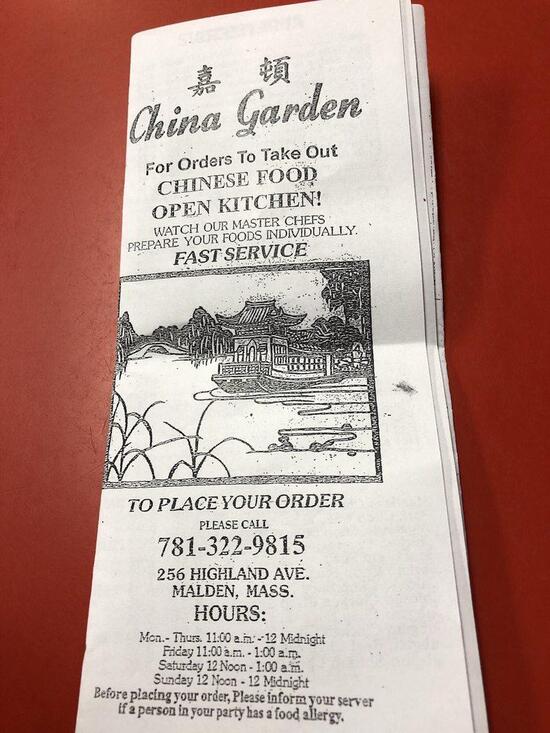 Menu at China Garden Restaurant, Malden, 256 Highland Ave