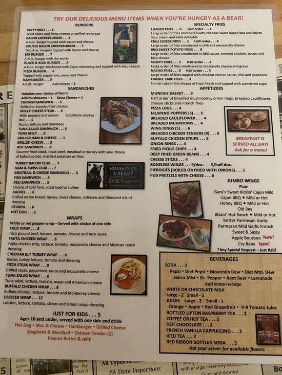Menu at Josie's restaurant, Coalport