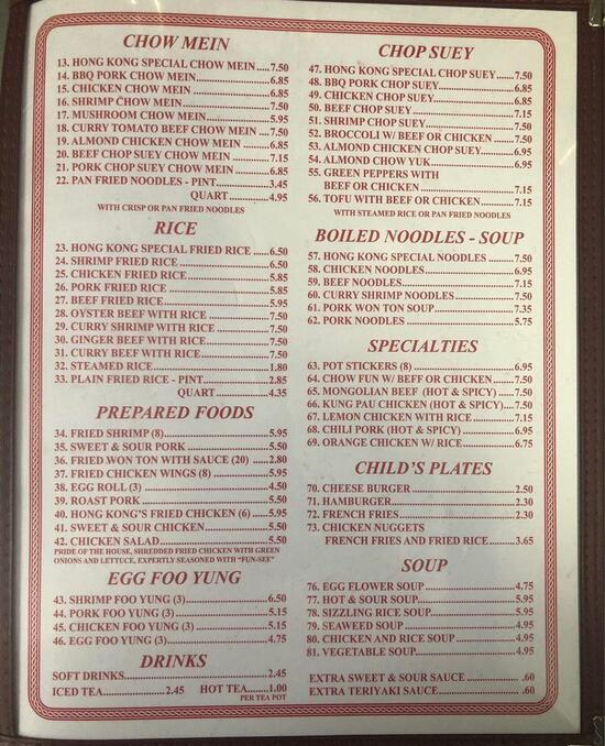 Menu at Hong Kong Chop Suey restaurant, Orosi, Avenue 416 B