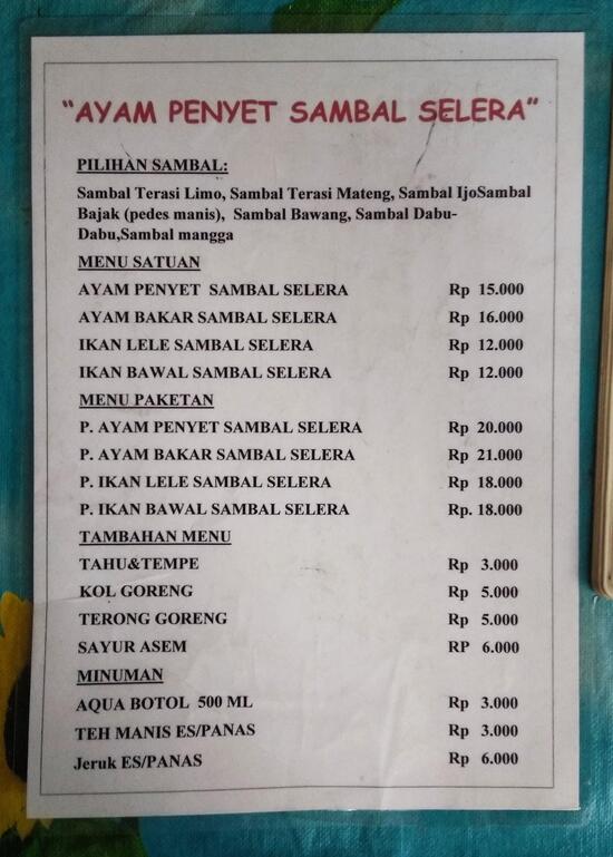 Carta Del Restaurante Ayam Penyet Sambal Selera South Jakarta