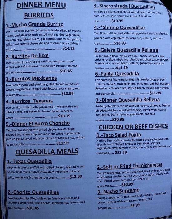 Menu at El Torito Mexican Restaurant, Shamokin Dam