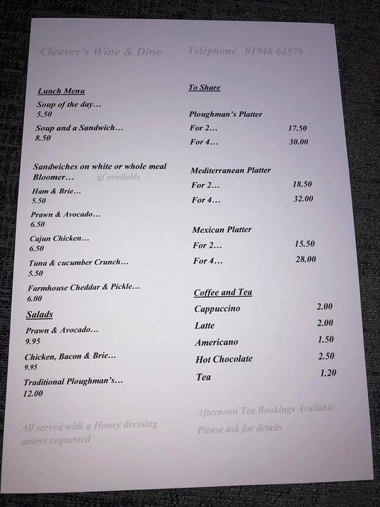 Menu at Cleaver's Wine & Dine restaurant, Whitehaven
