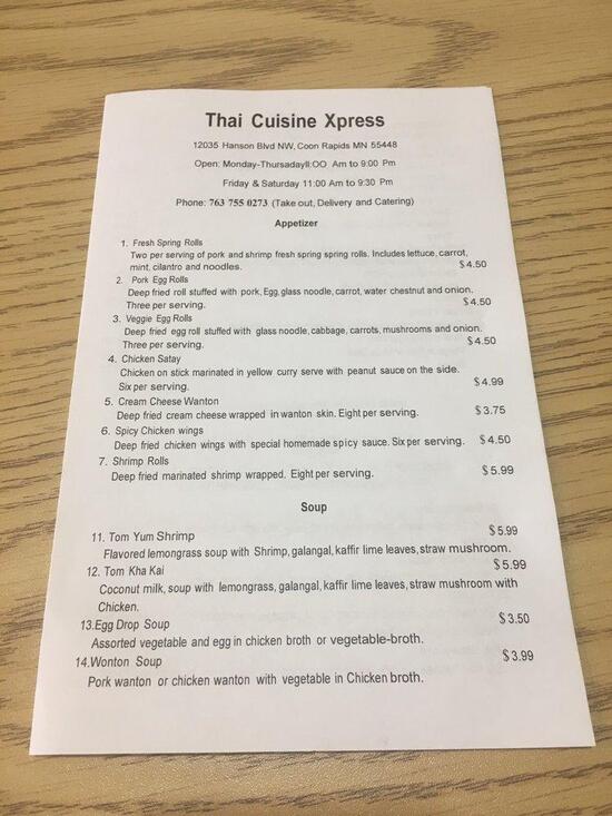 Menu at Thai Cuisine Xpress restaurant, Minneapolis, Como Ave SE