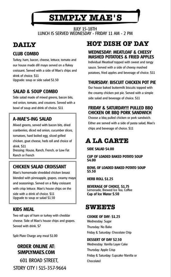 Menu at Simply Mae's Cafe, Story City