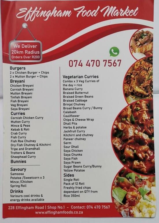Menu at Effingham Food Market restaurant, Durban North