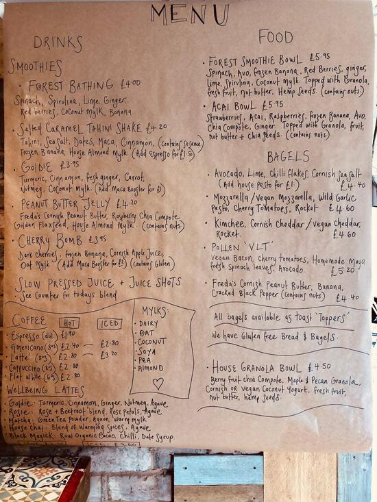 Menu at Pollen cafe, Truro