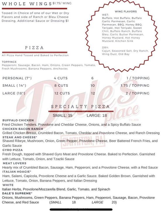 Menu at Dales Place pub & bar, Smithton