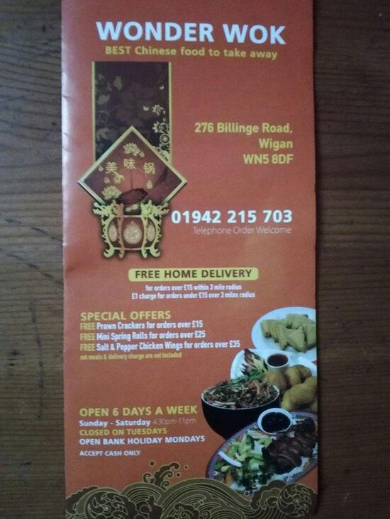 Menu at Wonder wok restaurant, Wigan