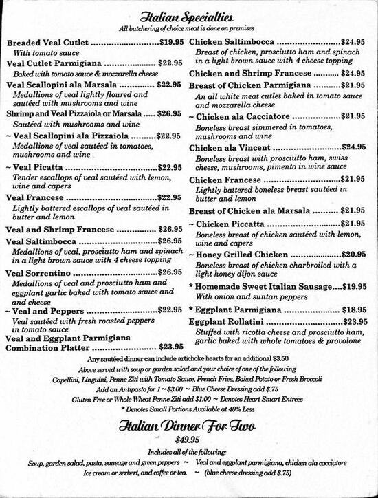 Menu at Vince Anna's Restaurant (Reservations Required), Greenville