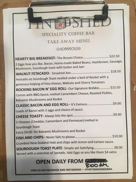 Menu at The Tin Shed Nowra cafe, Nowra