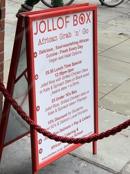 Menu at Jollof Box restaurant, London, 64 Kingsland High Street
