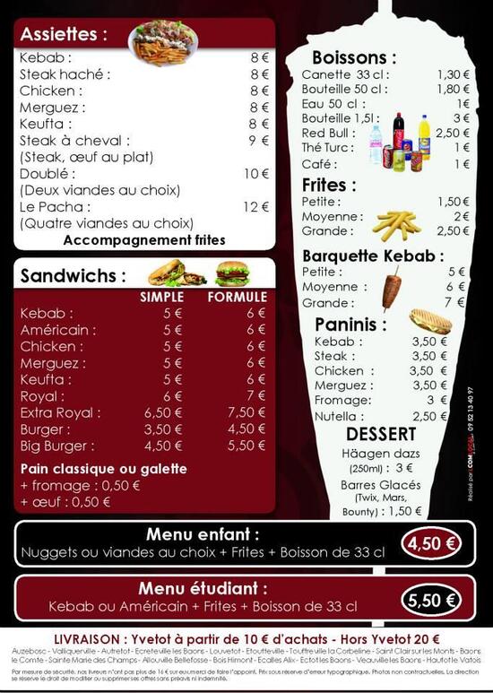 Menu at Le Pacha Kebab restaurant, Yvetot