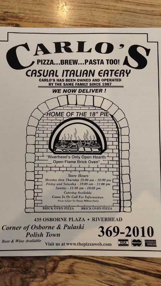 Carlo's Pizza Oven in Riverhead Restaurant menu and reviews