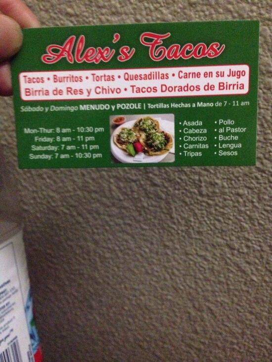 Menu at Alex tacos restaurant, Pomona