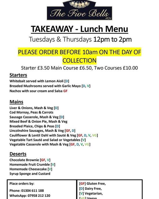 Menu at The Five Bells, Eastry pub & bar, Sandwich