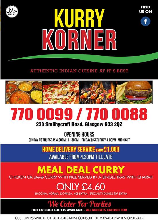 Menu at Kurry Korner fast food, Glasgow, 230 Smithycroft Rd