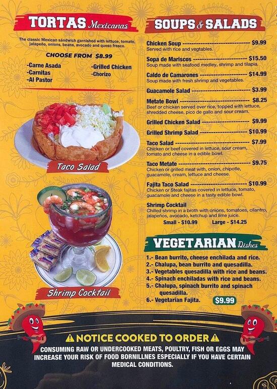 Menu at El Metate restaurant, Tifton