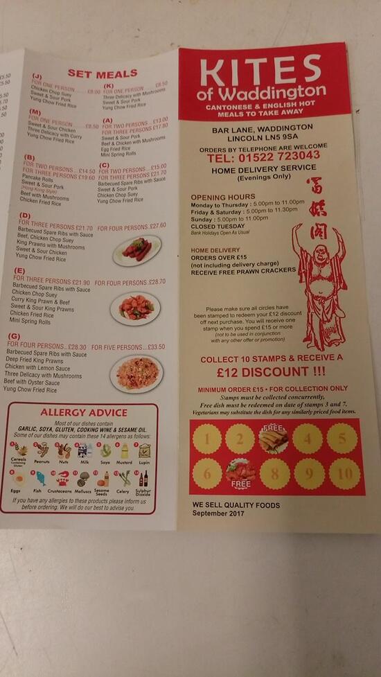 Menu at Kites of Waddington fast food, Lincoln, Bar Ln