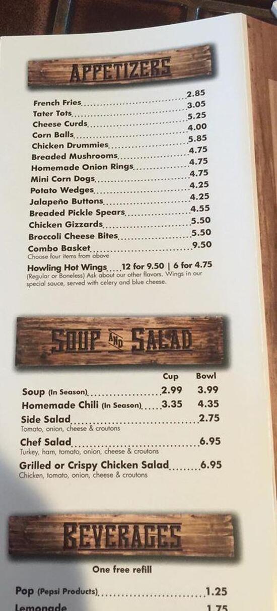 Menu at Howling Dog Saloon pub & bar, Luverne