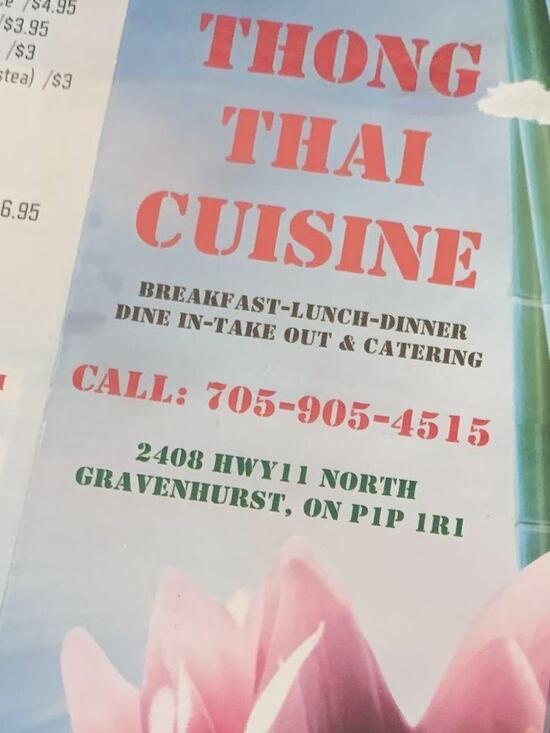 Menu at Thong Thai Cuisine fast food, Gravenhurst