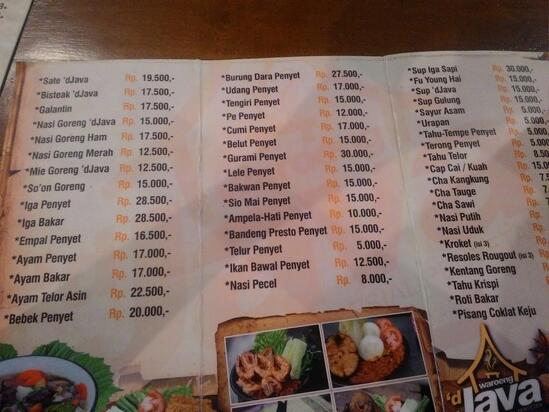 Menu at Waroeng u0027D Java restaurant, Tuban