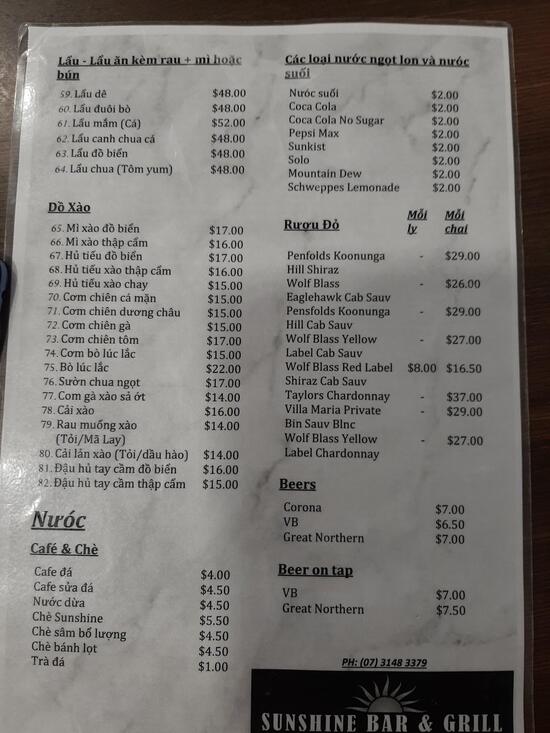 Menu at Sunshine Bar & Grill, Inala