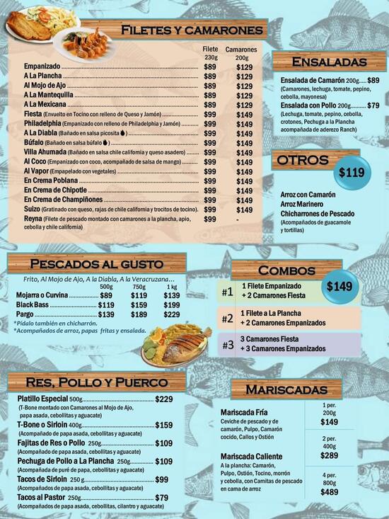 Menu at Mariscos Playa San Carlos restaurant, Ciudad Juarez