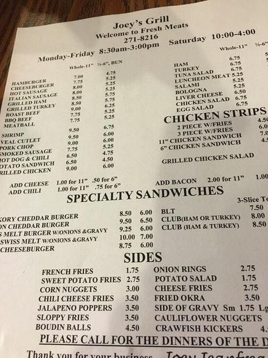 Menu at Jeanfreau's, Chalmette