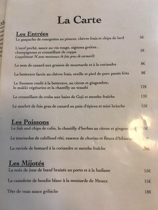 Menu at Chez Madeleine restaurant, Cour-Cheverny