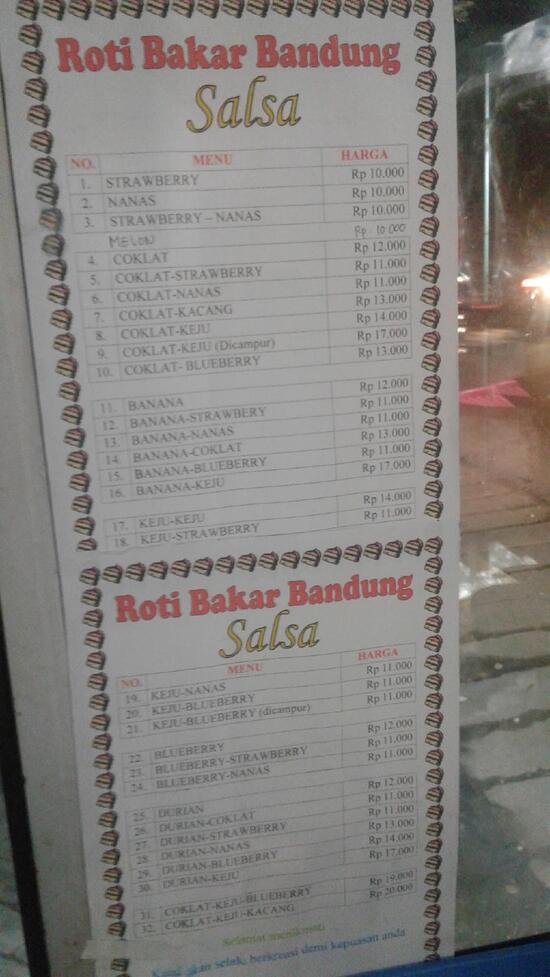 Menu at Roti bakar bandung salsa cafe, Betro