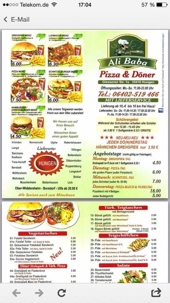 Speisekarte von Ali Baba pizza, Hungen