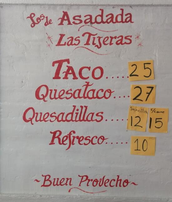 Menu at Tacos Las Tijeras restaurant, Morelia
