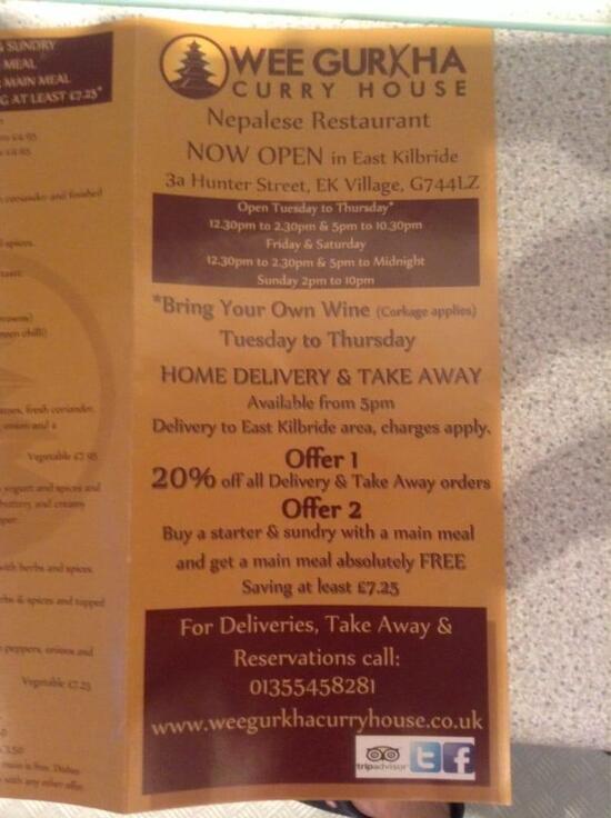 Carta del restaurante Wee Gurkha Curry House, East Kilbride