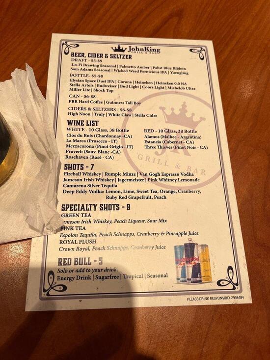 Menu at John King Grill & Dueling Piano Bar, Charleston