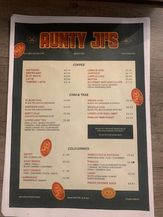 Menu at Aunty Ji's cafe, Manchester