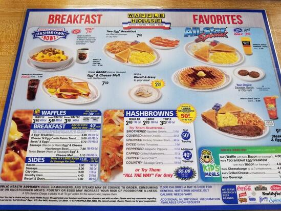 Menu at Waffle House restaurant, Newport News, 980 J Clyde Morris Blvd