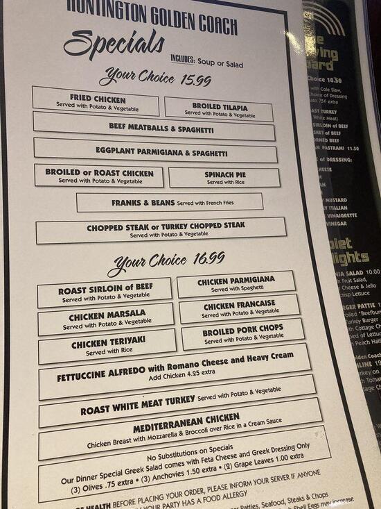 Menu at Huntington Golden Coach Diner restaurant, Huntington