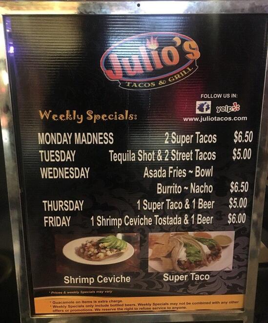 Menu at Julio's Tacos restaurant, Las Vegas